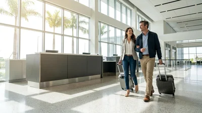Travelers with luggage waiting at a car rental counter inside Miami Airport
