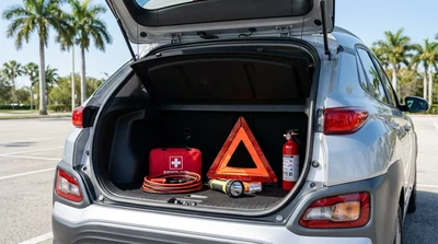 Red emergency kit in the open trunk of a car rental parked on a sunny Florida coastal road