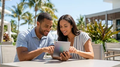 Two friends standing next to a car rental on a sunny palm-lined street in Florida