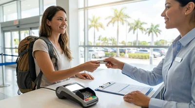 Close-up of a customer handing a credit card to an agent at a car hire desk in Florida