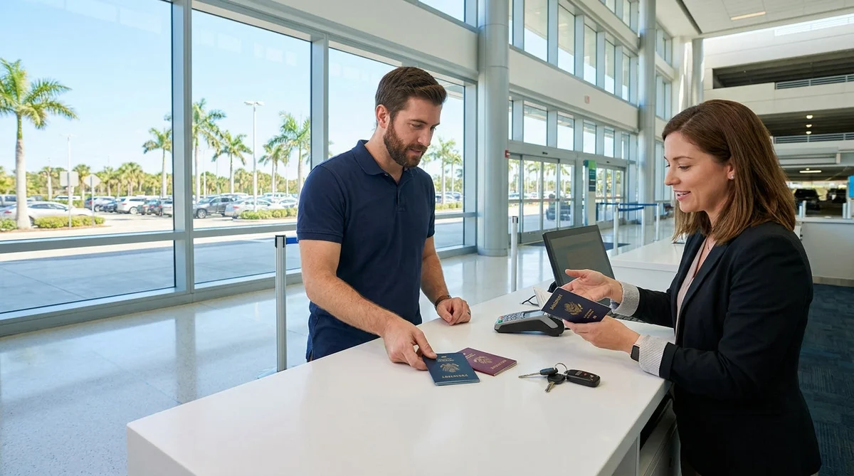 Traveler holding two passports at a car rental counter in sunny Florida