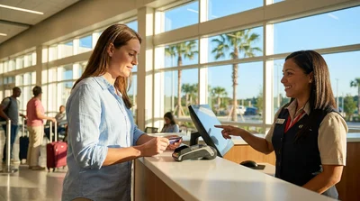 Close-up of a customer handing a credit card to an agent at an Orlando car hire desk