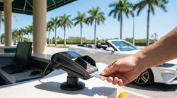 Customer handing a credit card to an agent at a Miami car hire counter