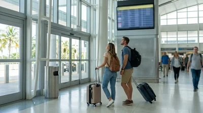 Traveler rolling luggage through the Miami Airport terminal toward a car hire shuttle stop