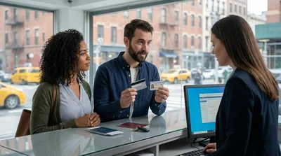 Customer handing a credit card to a car rental agent at a desk in New York