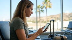 Person checking a smartphone map inside a car rental parked along a scenic road in California