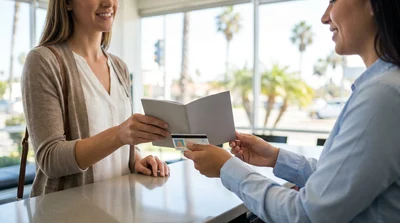 Person handing a paper International Driving Permit to an agent at a California car rental desk