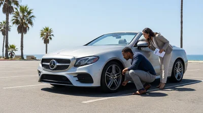 Silver car rental parked on a sunny California highway showing the tires, windshield and underbody