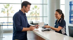 Person handing a driver's license to an agent at a car rental counter in Florida