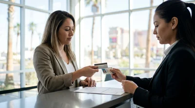 Woman handing a credit card to an agent at a Las Vegas car hire desk