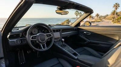 Hand shifting a manual gear stick inside a car rental on a scenic California highway