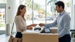 Person handing a credit card to a car hire agent across a counter in Miami