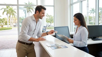 Customer handing a driving licence to an agent at a car hire desk in Miami