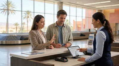 Customer reading a contract at a car hire counter in Las Vegas