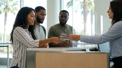 Two customers showing their driver's licenses to an agent at an Orlando car rental desk