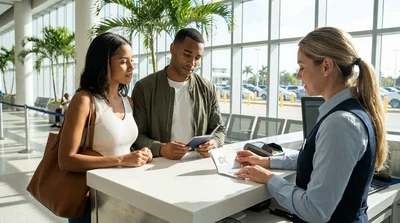 Traveler handing an open passport to an agent at a bright car rental desk in Miami