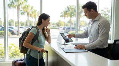 Customer receiving keys for a car rental at a bright service desk in Florida