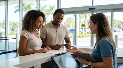 A customer holding car keys and a credit card at a sunny car rental lot in Florida