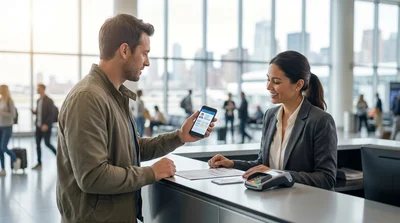 Two people looking at a smartphone outside a car rental office in New York