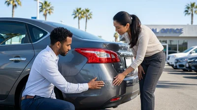 Person inspecting a minor scratch on the door of a car rental parked on a sunny street in California