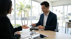 Customer entering a credit card PIN into a payment terminal at a Los Angeles car rental desk