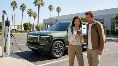 Person holding a smartphone next to an electric car rental plugged into a California EV charging station