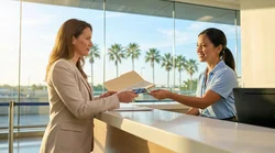 A white SUV car rental driving past sandy beaches and palm trees in sunny Florida