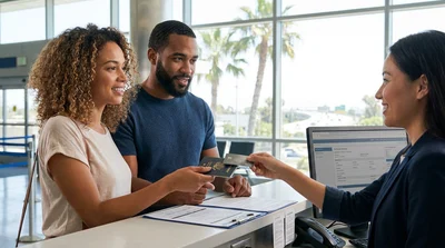 Customer handing a driving licence to an agent at a Los Angeles car hire desk