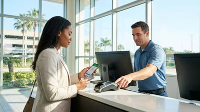 Close-up of a customer handing a credit card to an agent at a car hire desk in Florida