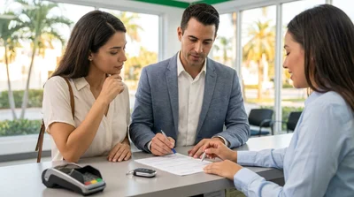 White car rental parked by the beach under palm trees in Miami