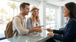 Customer presenting documents to an agent at a car rental desk in California