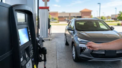 Close-up of a person inserting a credit card into a pay-at-pump machine for a car rental in the United Estates