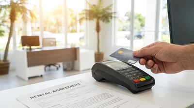 Customer handing a credit card to an agent at a bright car hire desk in Miami