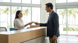 Person handing a company credit card to a car hire agent across a counter in Miami