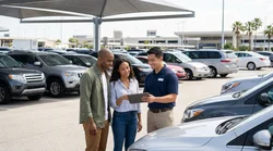 Row of various modern vehicles parked outside at a car rental facility in the United States