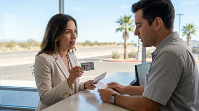 Customer handing a driver's license to an agent at a car rental desk in Texas