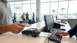 Close-up of a customer handing a credit card to an agent at a car hire desk in Orlando