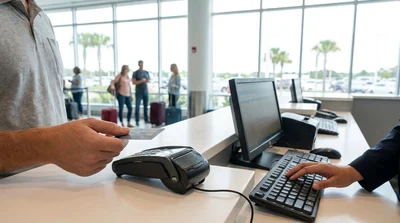 Close-up of a customer handing a credit card to an agent at a car hire desk in Orlando