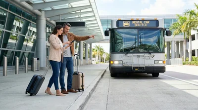 Passengers with luggage boarding a car rental shuttle bus outside an airport terminal in Texas