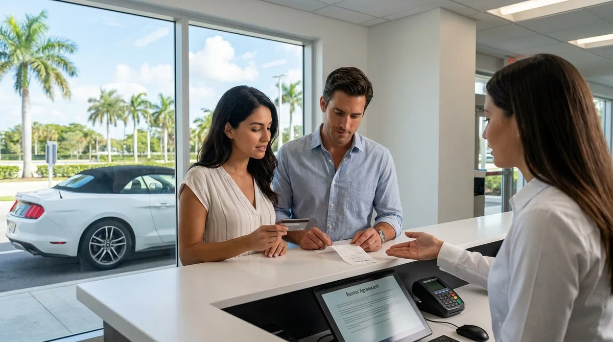 Customer handing a credit card to an agent at a Miami car hire counter