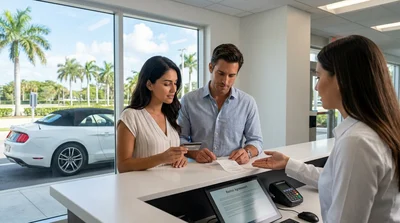 Customer handing a credit card to an agent at a Miami car hire counter
