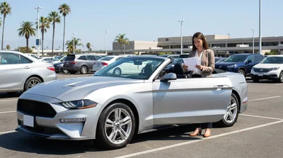 White convertible car rental driving along a sunny coastal highway in California