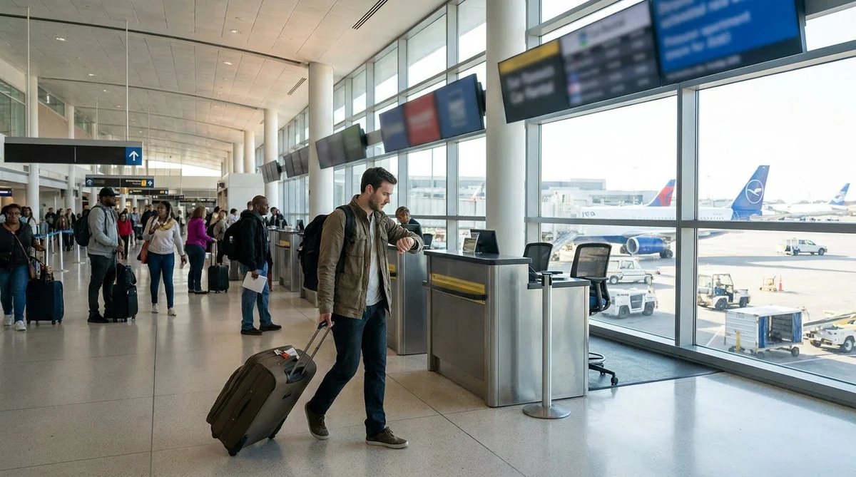Traveler pulling a suitcase toward the car rental desks at JFK Airport in New York