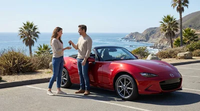 Two friends exchanging keys next to a car rental on a sunny road in California