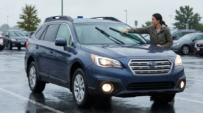 Person checking the headlights and windshield wipers of a car rental in Pennsylvania