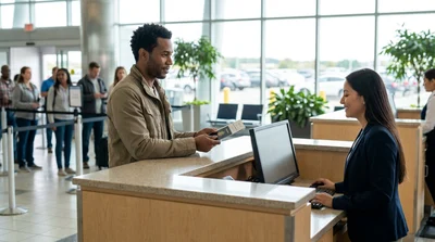 Person receiving keys for a car rental at a service counter in Pennsylvania