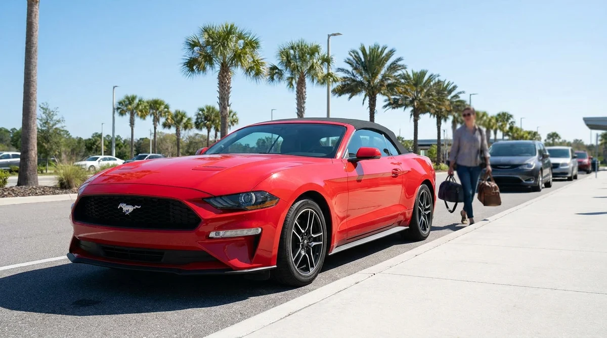 Person looking at a row of parked vehicles at an outdoor car rental lot in Orlando