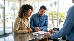 Customer holding keys and reviewing a car rental agreement at a desk in California