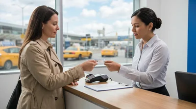 Customer showing a driver's license to an agent at a car rental desk in New York