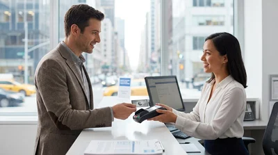 Customer handing a credit card to an agent at a New York car rental counter